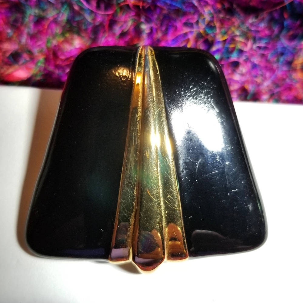 Vintage Ginnie Johansen brooch black enamel gold tone pin GJD